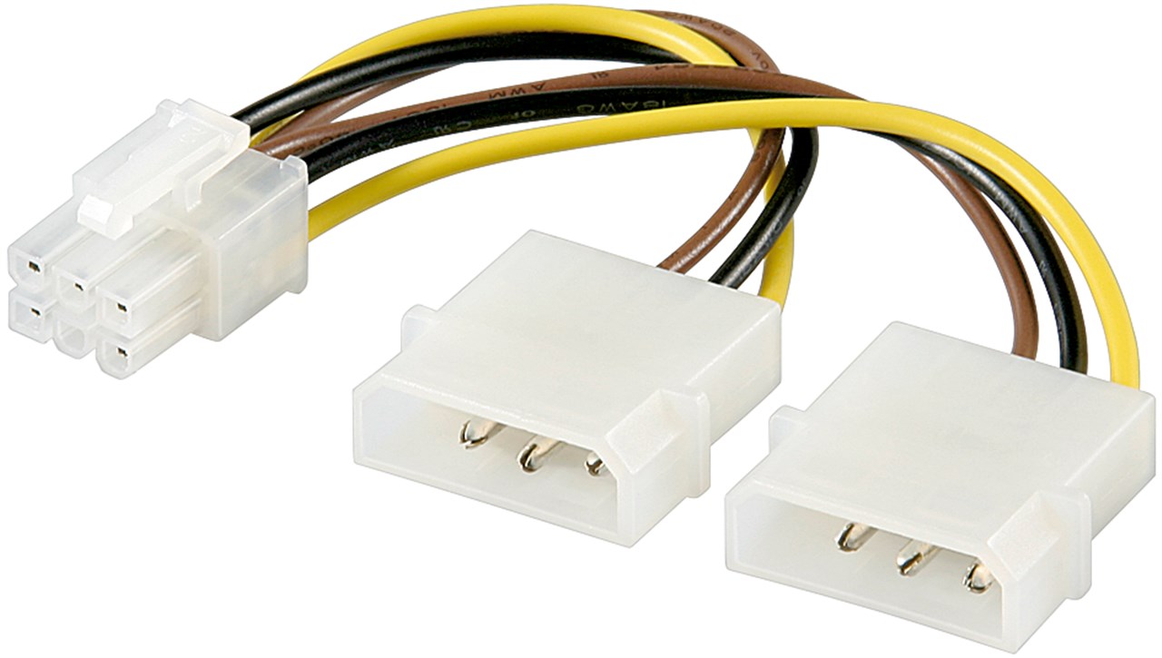PC Grafikkarten Stromkabel/Stromadapter, PCI-E/PCI Express 6 Pin - Kabellänge 0.15 m - 2x HDD/5,25 Zoll-Stecker (4-Pin) > PCIe-Buchse (6-Pin)