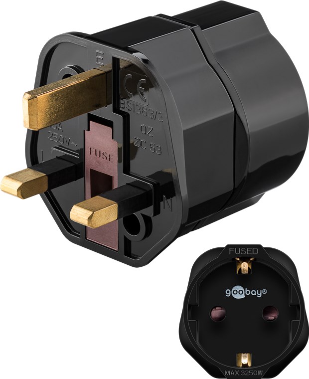 Netzadapter UK, Schwarz Netzadapter UK, Schwarz - Schutzkontaktbuchse (Typ F, CEE 7/3) > UK 3-Pin-Stecker (Typ G, BS 1363)