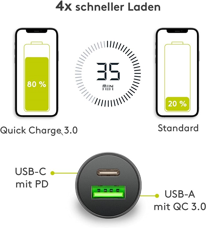 Dual-USB Auto Schnellladegerät USB-C™ PD (Power Delivery) - 27W (12/24V)geeignet für Geräte mit USB-C™ (Power Delivery) wie z.B. iPhone 12
