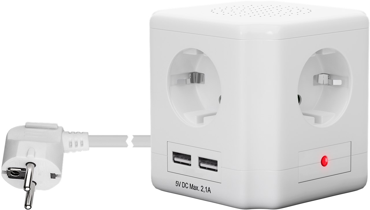 Steckdosenwürfel 4-fach mit Schalter und USB - bis zu 2 USB-Geräte und 4 Elektrogeräte anschließbar Steckdosenwürfel 4-fach mit Schalter und USB - bis zu 2 USB-Geräte und 4 Elektrogeräte anschließbar