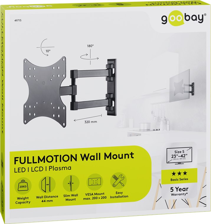TV-Wandhalterung Basic FULLMOTION (S) - für Fernseher von 23" bis 42" (58-107cm) , vollbewegliches Doppelarmgelenk (schwenkbar und neigbar) bis 20kg TV-Wandhalterung Basic FULLMOTION (S) - für Fernseher von 23" bis 42" (58-107cm) , vollbewegliches Doppelarmgelenk (schwenkbar und neigbar) bis 20kg