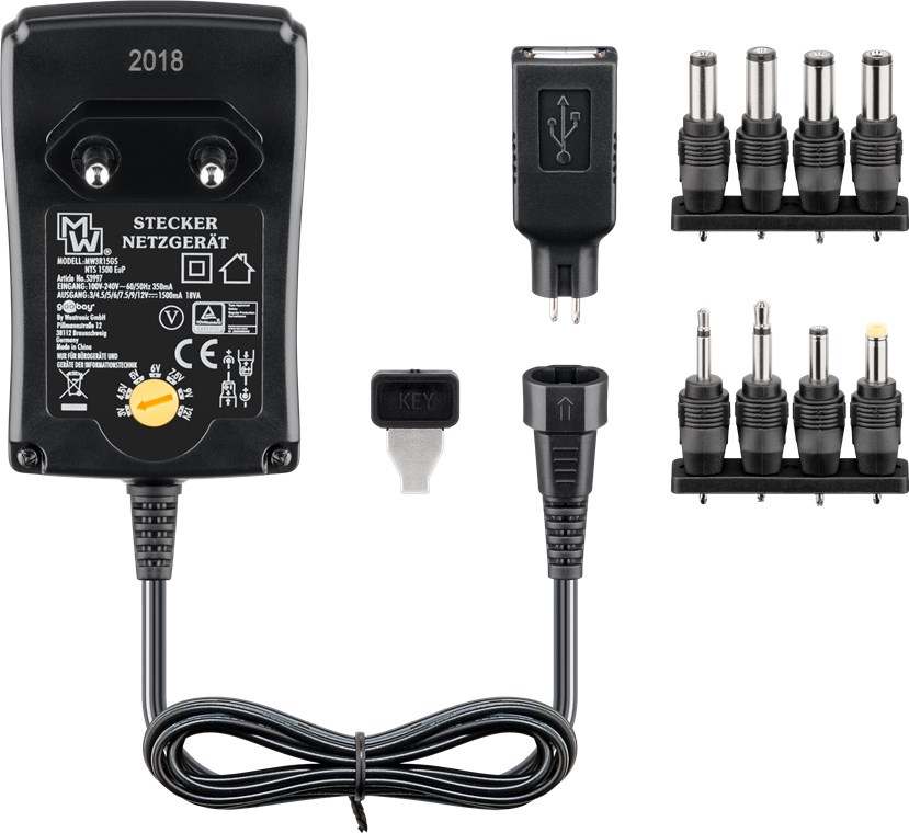 3 V - 12 V Universal-Netzteil 3 V - 12 V Universal-Netzteil - Ausgang, max. Stromstärke (DC) 1.5 A - inkl. 1 USB- und 8 DC-Adapter - max. 18 W und 1,5 A