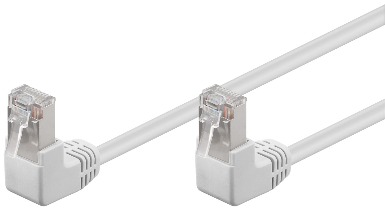 CAT 5e Patchkabel 2x 90° gewinkelt, F/UTP, weiß, 3 m CAT 5e Patchkabel 2x 90° gewinkelt, F/UTP, weiß, 0,25 m - Kabellänge 0.25 m - Kupferkaschierter Aluminiumleiter (CCA), 2x RJ45-Stecker 90° (8P8C)