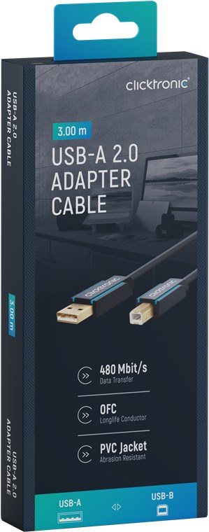 USB-A-auf-USB-B 2.0 Adapterkabel - Kabellänge 3 m - Premium-Kabel|USB-A-Stecker USB-B-2.0-Stecker|3,0 m|480 Mbit/s