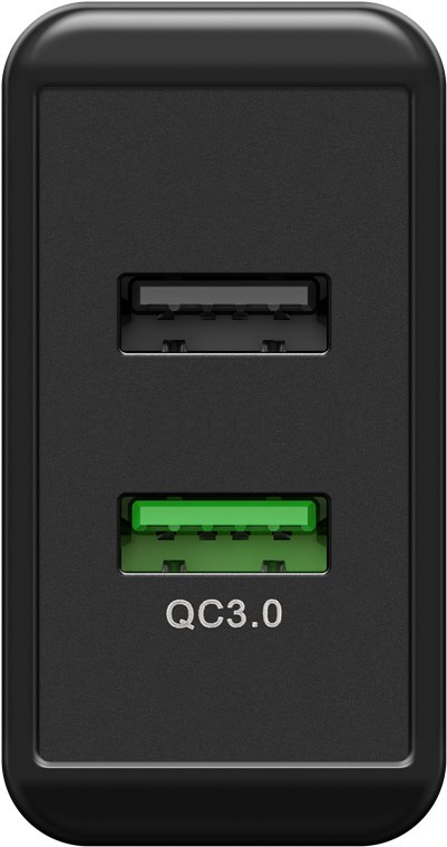 Dual-USB Schnellladegerät USB/QC3.0 (28 W), Schwarz - lädt bis zu 4x schneller als Standardladegeräte Dual-USB Schnellladegerät USB/QC3.0 (28 W), Schwarz - lädt bis zu 4x schneller als Standardladegeräte