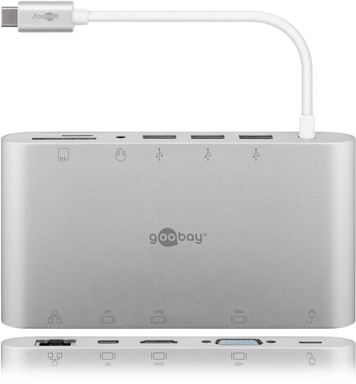 USB-C™ Multiport-Adapter aus Aluminium - erweitert ein USB-C™ Gerät um einen Ethernet-, einen HDMI™-, einen VGA-, einen Mini DisplayPort-, einen 3,5 mm-Klinkenanschluss sowie einen Kartenleser für SD- und Micro-SD-Karten