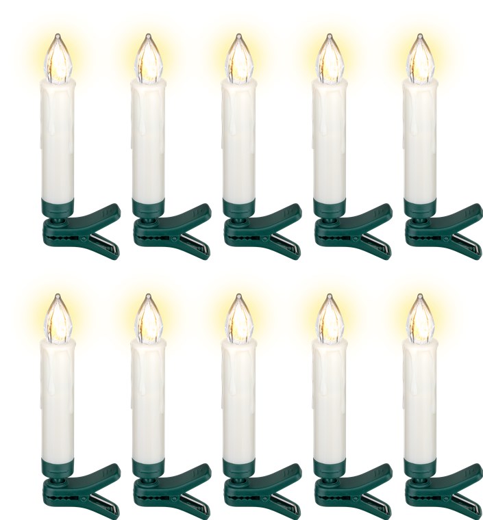 10 kabellose LED-Weihnachtsbaumkerzen - mit Klemmen und IR-Fernbedienung zur Steuerung von Timer, Leuchtmodi und Dimmer 10 kabellose LED-Weihnachtsbaumkerzen - mit Klemmen und IR-Fernbedienung zur Steuerung von Timer, Leuchtmodi und Dimmer