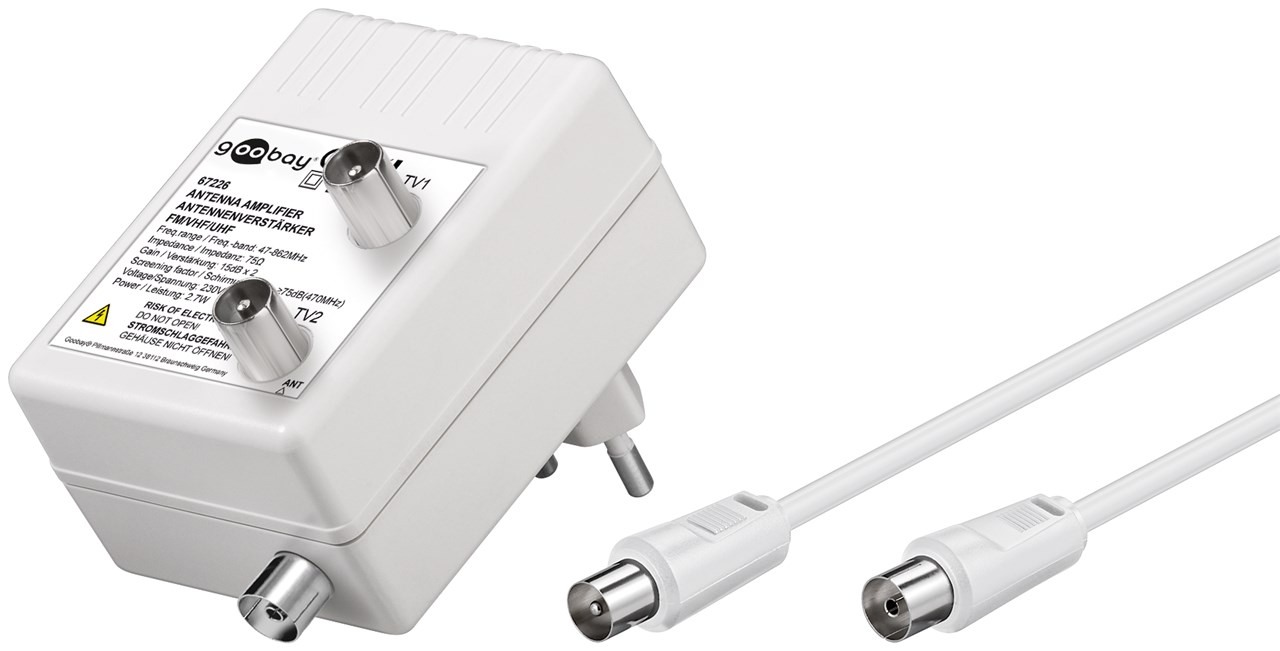 Zwei-Geräte-Antennenverstärker 2x 15dB (DVB-T / DVB-T2 / DVB-C) - zum Anschluss von zwei Empfangsgeräten (TV / Radio)