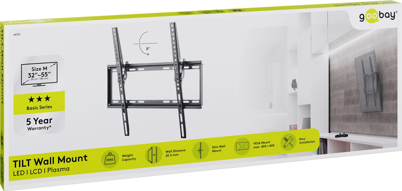 TV-Wandhalterung Basic TILT (M) - für Fernseher von 32" bis 55" (81-140 cm), neigbar bis 35kg TV-Wandhalterung Basic TILT (M) - für Fernseher von 32" bis 55" (81-140 cm), neigbar bis 35kg