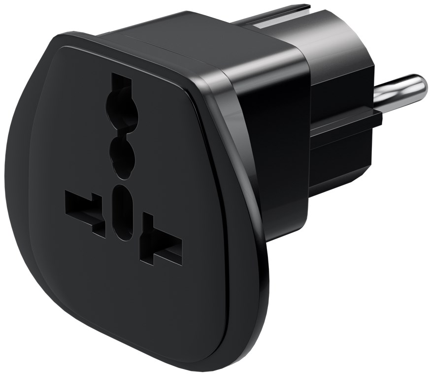 Reiseadapter Welt auf EU, Schwarz - Schutzkontaktstecker (Typ F, CEE 7/7) > UK-Buchse, Schweiz-Buchse (Typ J, SEV 1011), Italien-Buchse (Typ L, CEI 23-16-VII), US/Japan-Buchse (Typ B, NEMA 5-15, 3-polig)