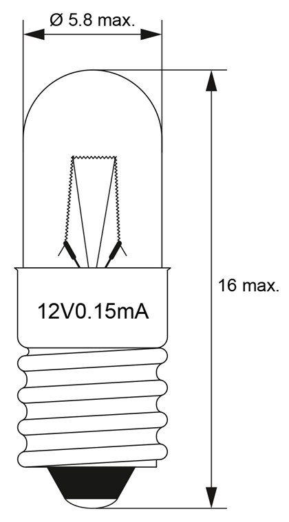 Röhrenlampe, 1,8 W - Max. Leistungsaufnahme 1.8 W - Sockel E5,5, 12 V (DC), 150 mA Röhrenlampe, 1,8 W - Max. Leistungsaufnahme 1.8 W - Sockel E5,5, 12 V (DC), 150 mA