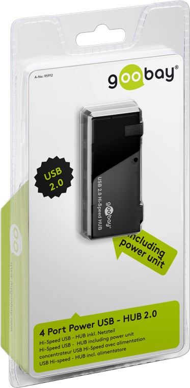 4-fach USB 2.0 Hi-Speed HUB - zum Verbinden von bis zu 4 USB-Geräten mit einem USB-Anschluss; inkl. Netzteil (5 V / 2 A)