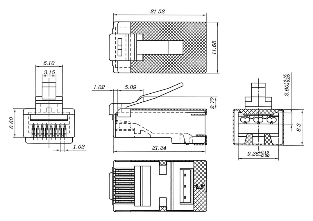 RJ45 Stecker, CAT 6A STP geschirmt - für Rundkabel, mit Einfädelhilfe RJ45 Stecker, CAT 6A STP geschirmt - für Rundkabel, mit Einfädelhilfe