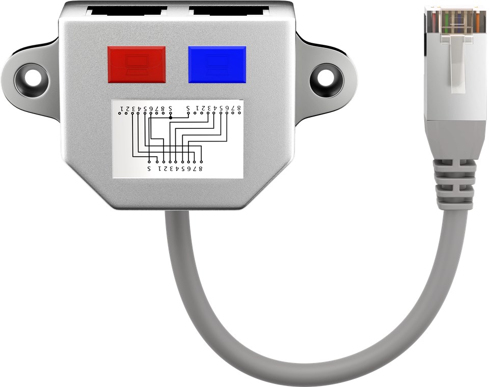 Kabel-Splitter (Y-Adapter) - Verbrauchseinheit 1 Stk. im Plastikbeutel - 1x RJ45-Stecker > 2x RJ45-Buchsen, Schirmung