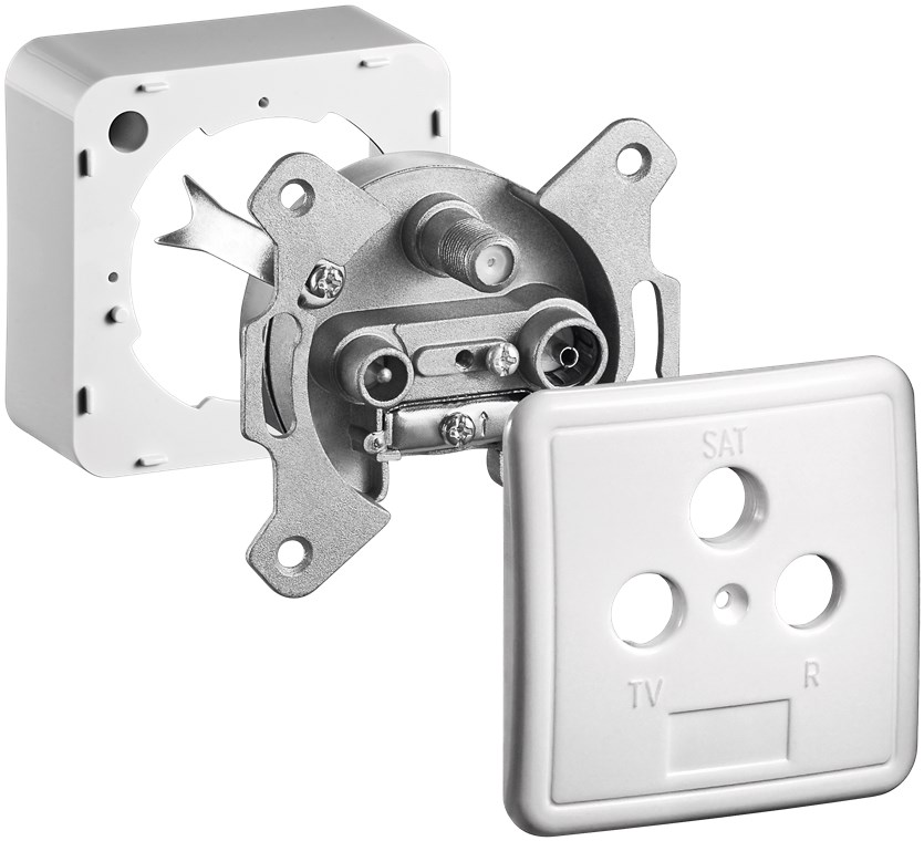 Komplettset: 3-Loch Antennen-Stich-/Enddose Komplettset: 3-Loch Antennen-Stich-/Enddose - Verbrauchseinheit - inkl. Abdeckung und Rahmen; mit Gleichspannungs (DC)-Durchgang