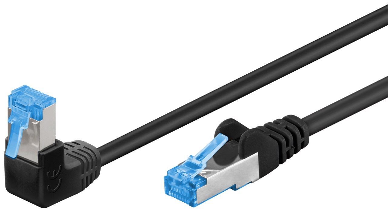 CAT 6A Patchkabel 1x 90° gewinkelt, S/FTP (PiMF), Schwarz, 0,25 m - Kabellänge 0.25 m - Kupferleiter (CU), halogenfreier Kabelmantel (LSZH), Rastnase oben