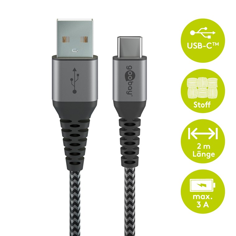 USB-A auf USB-C™ Textilkabel mit Metallsteckern (spacegrau/silber) 2 m - Kabellänge 2 m - elegantes und extra-robustes Verbindungskabel für Geräte mit USB-C™-Anschluss