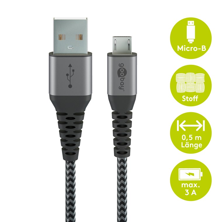 Micro-USB auf USB-A Textilkabel mit Metallsteckern (spacegrau/silber) 0,5 m - Kabellänge 0.5 m - elegantes und extra-robustes Verbindungskabel für Geräte mit Micro-USB-Anschluss Micro-USB auf USB-A Textilkabel mit Metallsteckern (spacegrau/silber) 0,5 m - Kabellänge 0.5 m - elegantes und extra-robustes Verbindungskabel für Geräte mit Micro-USB-Anschluss