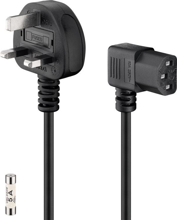 UK-Geräteanschlusskabel, 2 m, Schwarz - Kabellänge 2 m - UK 3-Pin-Stecker (Typ G, BS 1363) > Gerätestecker C13 (abgewinkelt) UK-Geräteanschlusskabel, 2 m, Schwarz - Kabellänge 2 m - UK 3-Pin-Stecker (Typ G, BS 1363) > Gerätestecker C13 (abgewinkelt)