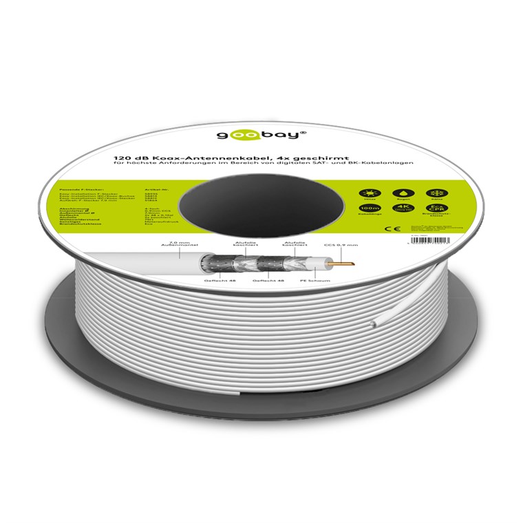 120 dB SAT Koaxialkabel, 4x geschirmt, CCS, 100 m, weiß - für höchste Anforderungen im Bereich von digitalen SAT- und BK-Kabelanlagen 120 dB SAT Koaxialkabel, 4x geschirmt, CCS, 100 m, weiß - für höchste Anforderungen im Bereich von digitalen SAT- und BK-Kabelanlagen