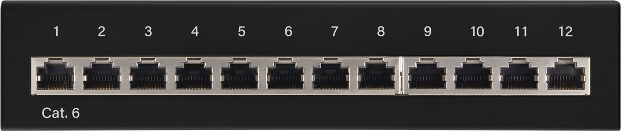 CAT 6 Mini/Desktop Patch Panel, 12 Port, (1 HE) - Farbversion Schwarz - STP geschirmt CAT 6 Mini/Desktop Patch Panel, 12 Port, (1 HE) - Farbversion Schwarz - STP geschirmt