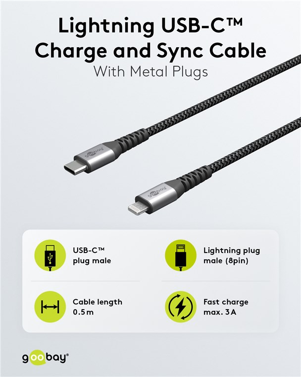 Lightning USB-C™ Lade- und Synchronisations Vollmetall-Kabel - Kabellänge 0.5 m - elegantes und extra-robustes MFi Lade- und Synchronisationskabel für Apple iPhone/iPad (Schwarz, Grau)