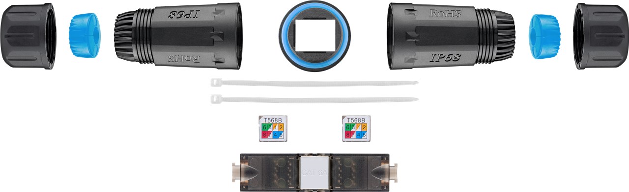Outdoor (IP68) Netzwerkkabel-Verbinder, CAT 6A UTP ungeschirmt - staub- und wasserdicht, Klemmleiste für LSA Montage (werkzeugfrei)