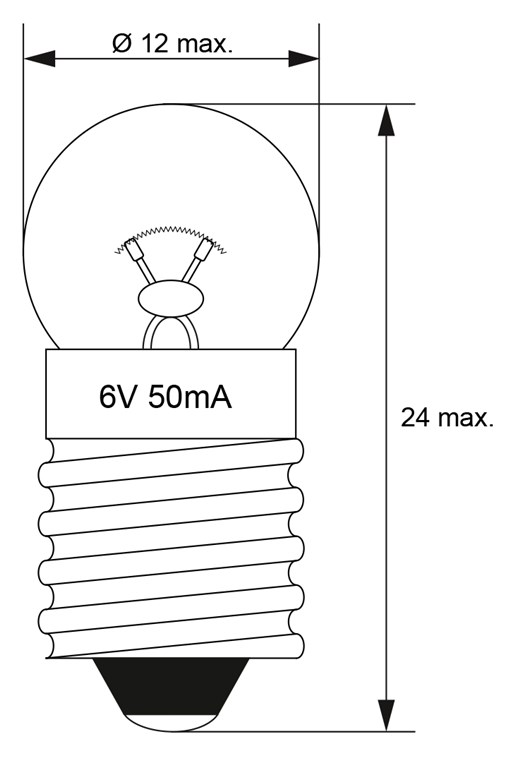 Taschenlampen-Kugel, 0,3 W - Max. Leistungsaufnahme 0.3 W - Sockel E10, 6 V (DC), 50 mA Taschenlampen-Kugel, 0,3 W - Max. Leistungsaufnahme 0.3 W - Sockel E10, 6 V (DC), 50 mA