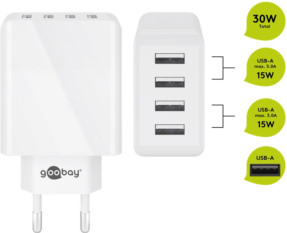 4-fach USB-Ladegerät (30 W), Weiß - Mehrfach-USB-Netzteil zum gleichzeitigen Aufladen von bis zu 4 Geräten 4-fach USB-Ladegerät (30 W), Weiß - Mehrfach-USB-Netzteil zum gleichzeitigen Aufladen von bis zu 4 Geräten