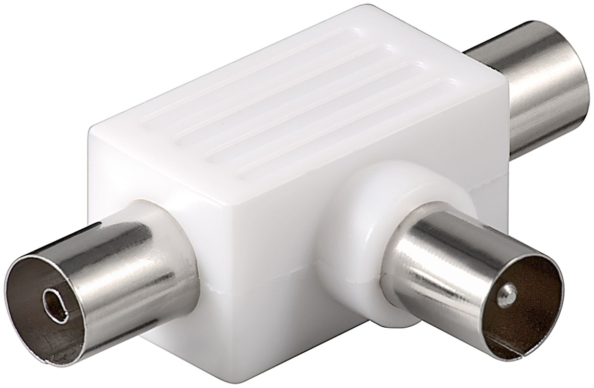 Koax T-Adapter: 2x Koax-Buchse - Koax-Stecker Koax T-Adapter: 2x Koax-Buchse - Koax-Stecker - Kunststoff