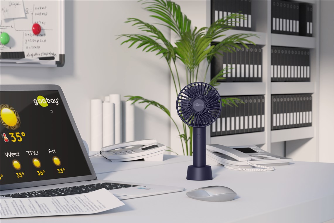 USB-Handventilator mit Standfunktion, Blau - mit wiederaufladbarer Batterie (austauschbar) USB-Handventilator mit Standfunktion, Blau - mit wiederaufladbarer Batterie (austauschbar)