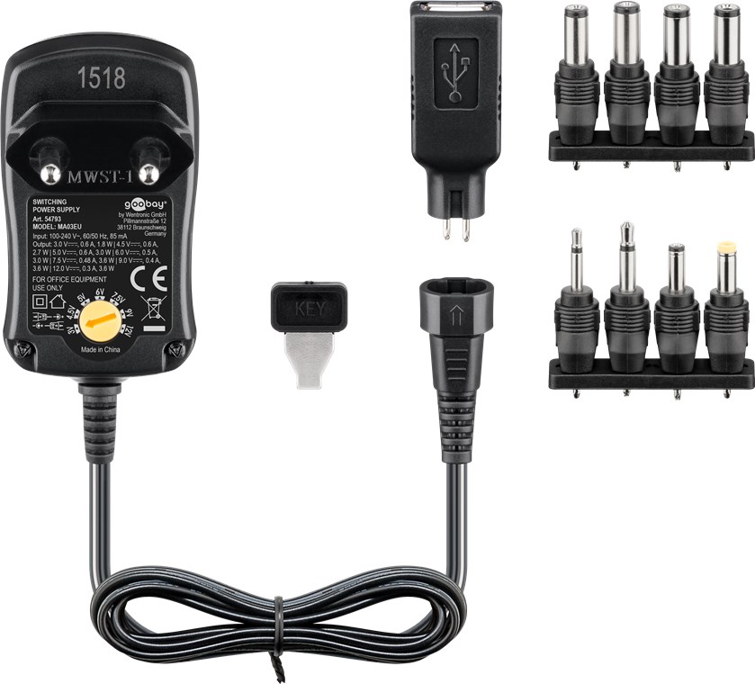 3 V - 12 V Universal-Netzteil - Ausgang, max. Stromstärke (DC) 0.6 A - inkl. 1 USB- und 8 DC-Adapter - max. 3,6 W und 0,6 A 3 V - 12 V Universal-Netzteil - Ausgang, max. Stromstärke (DC) 0.6 A - inkl. 1 USB- und 8 DC-Adapter - max. 3,6 W und 0,6 A