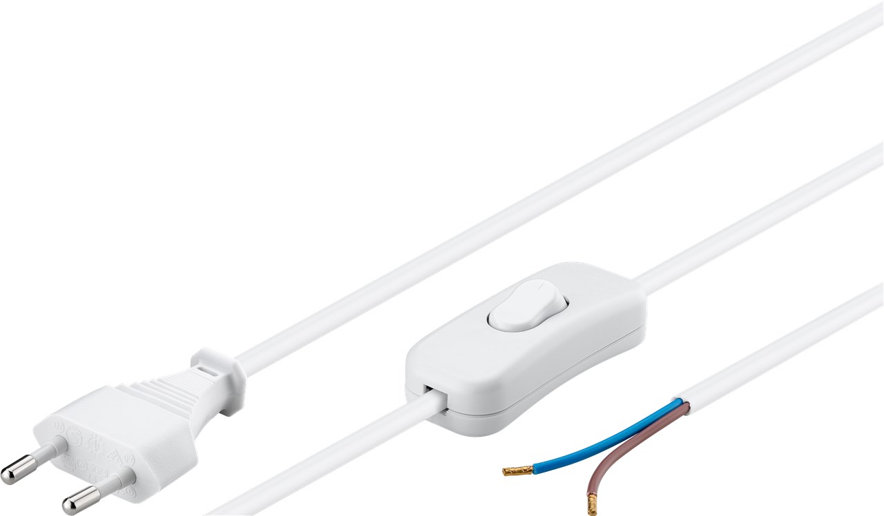 Kabel mit Eurostecker zum Konfektionieren - mit Schalter, 1,5 m, Weiß - Farbversion Weiß - Eurostecker (Typ C, CEE 7/16) > lose Kabelenden Kabel mit Eurostecker zum Konfektionieren - mit Schalter, 1,5 m, Weiß - Farbversion Weiß - Eurostecker (Typ C, CEE 7/16) > lose Kabelenden