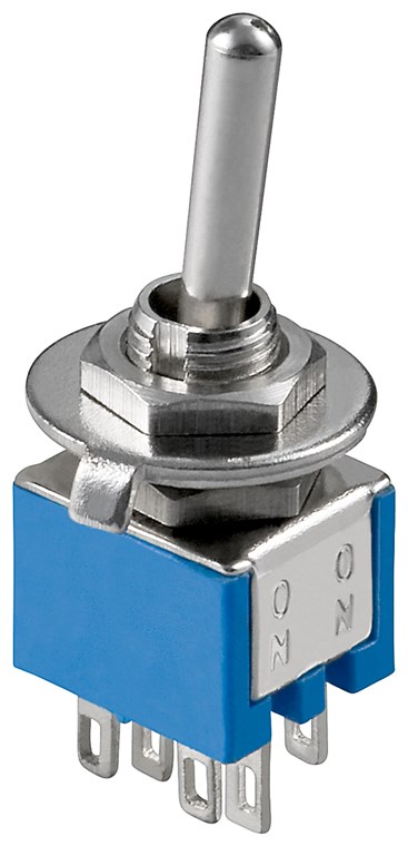 Kippschalter Miniatur, 2x UM, 6 Pins, blaues Gehäuse Kippschalter Miniatur, 2x UM, 6 Pins, blaues Gehäuse - ideal für den Bereich DIY oder den Modellbau