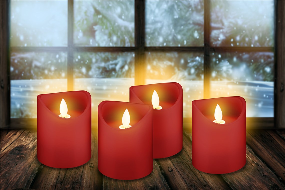 4er-Set LED-Echtwachs-Kerzen, rot - Wunderschöne und sichere Lichtlösung für viele Bereiche wie Haus und Loggia, Büros oder Schulen
