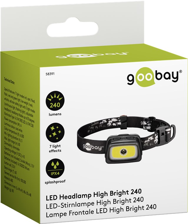 LED-Stirnlampe High Bright 240 - mit 240 lm und kalt-weißem Licht (6500 K), ideal für Freizeit, Sport, Camping, Angeln, Jagd und Pannenhilfe