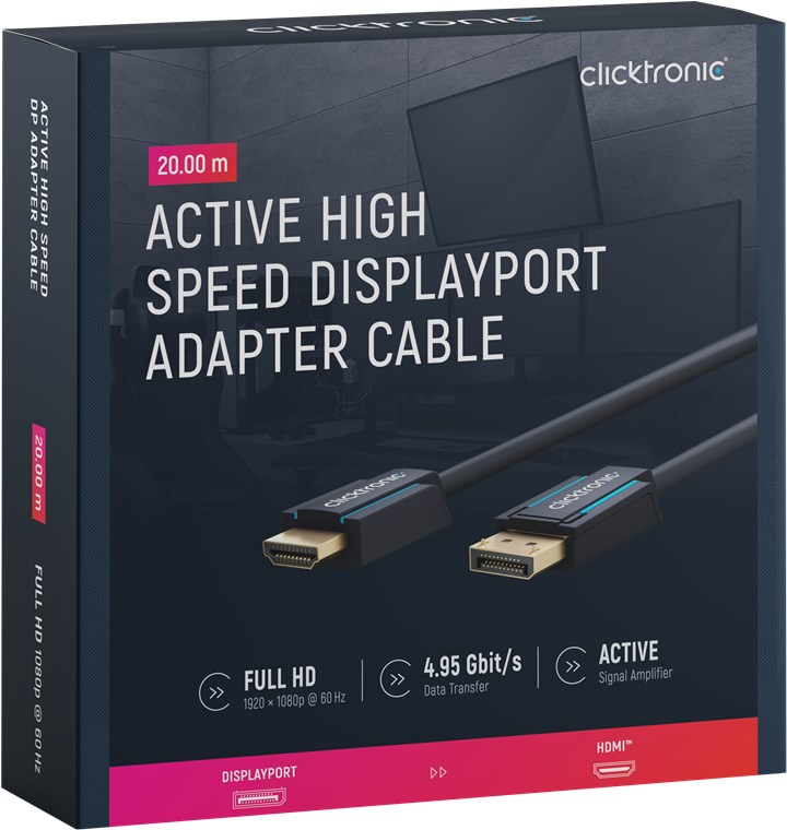 Aktives DisplayPort-auf-HDMI™-Adapterkabel - Kabellänge 20 m - Premium-Kabel|1x DisplayPort-Stecker >> 1x HDMI™-Stecker|20,0 m|WQHD @ 75 Hz