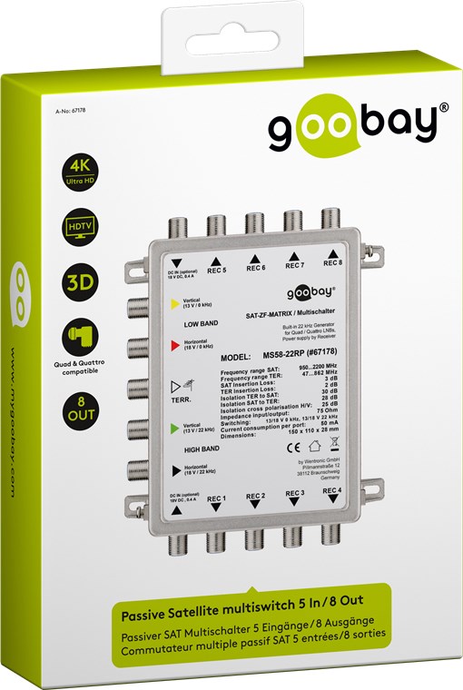 Passiver SAT Multischalter 5 Eingänge / 8 Ausgänge - Verteiler für max. 8 Teilnehmer von einem Satelliten Passiver SAT Multischalter 5 Eingänge / 8 Ausgänge - Verteiler für max. 8 Teilnehmer von einem Satelliten