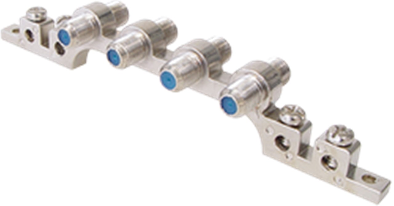 4-fach F-Erdungsblock 4-fach F-Erdungsblock - Ausgang, Anzahl 4 x out - 4x F-Kupplung > 4x F-Kupplung