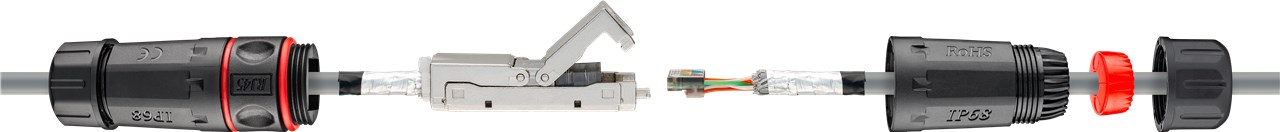Outdoor (IP68) Netzwerkkabel-Verbinder, CAT 6 STP geschirmt - staub- und wasserdicht, Klemmleiste für LSA Montage (werkzeugfrei)