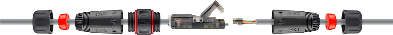 Outdoor (IP68) Netzwerkkabel-Verbinder, CAT 6 UTP ungeschirmt - staub- und wasserdicht, Klemmleiste für LSA Montage (werkzeugfrei)
