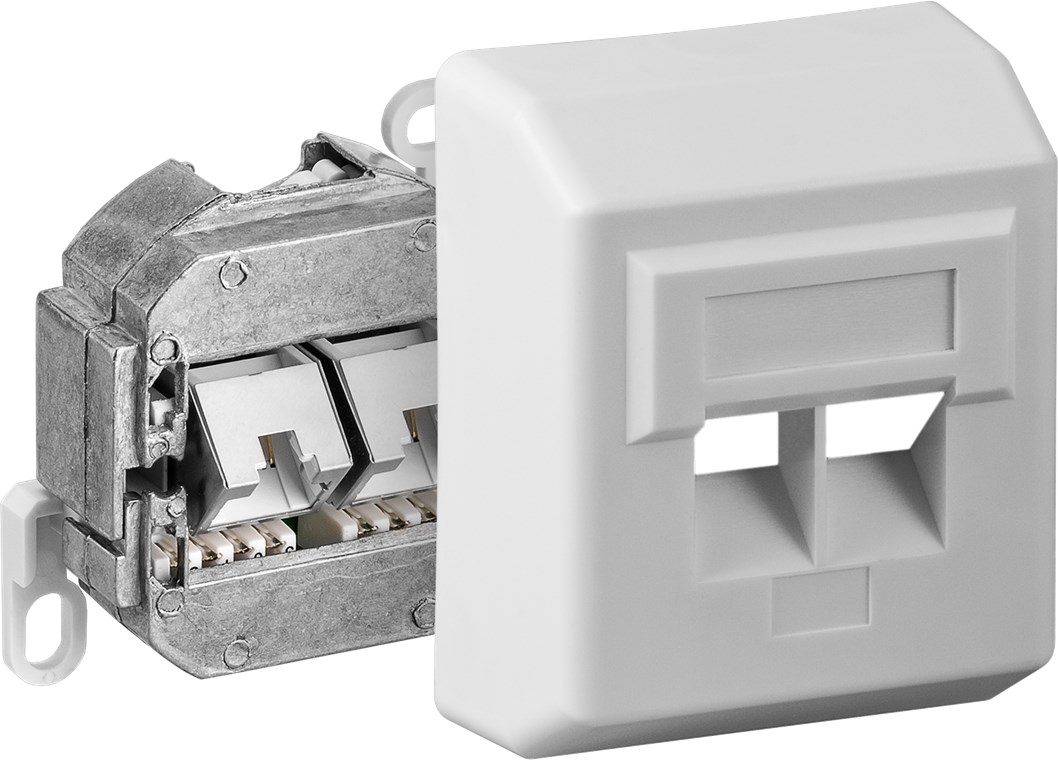 CAT 5e Aufputzdose (AP) - Farbversion Weiß - 2x RJ45-Anschlüsse, geschirmt, Klemmleiste für werkzeugfreie LSA-Montage