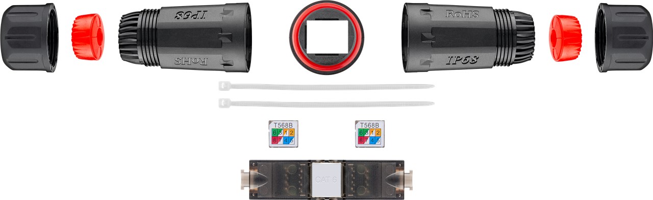 Outdoor (IP68) Netzwerkkabel-Verbinder, CAT 6 UTP ungeschirmt - staub- und wasserdicht, Klemmleiste für LSA Montage (werkzeugfrei)