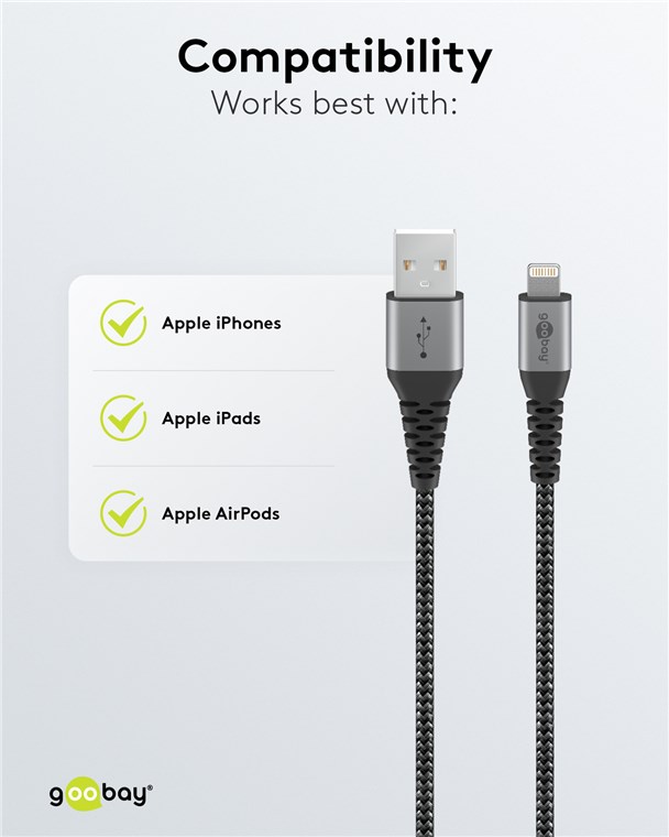 Lightning auf USB-A Textilkabel mit Metallsteckern (spacegrau/silber) 2 m - Kabellänge 2 m - elegantes und extra-robustes Verbindungskabel für z. B. Apple iPhone, iPad (Apple MFi-zertifiziert)