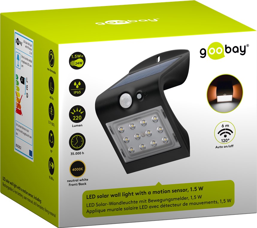 LED Solar-Wandleuchte mit Bewegungsmelder, 1,5 W, schwarz - Farbversion - neutralweiße Lichtlösung für Hauseingänge, Carports und Treppen