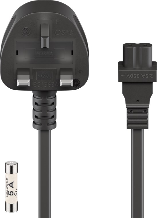 UK-Netzanschlusskabel, 1,8 m, Schwarz - Kabellänge 1.8 m - UK 3-Pin-Stecker (Typ G, BS 1363) > Gerätebuchse C7 UK-Netzanschlusskabel, 1,8 m, Schwarz - Kabellänge 1.8 m - UK 3-Pin-Stecker (Typ G, BS 1363) > Gerätebuchse C7