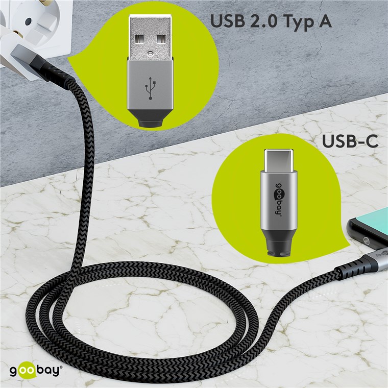 USB-A auf USB-C™ Textilkabel mit Metallsteckern (spacegrau/silber) 0,5 m - Kabellänge 0.5 m - elegantes und extra-robustes Verbindungskabel für Geräte mit USB-C™-Anschluss USB-A auf USB-C™ Textilkabel mit Metallsteckern (spacegrau/silber) 0,5 m - Kabellänge 0.5 m - elegantes und extra-robustes Verbindungskabel für Geräte mit USB-C™-Anschluss