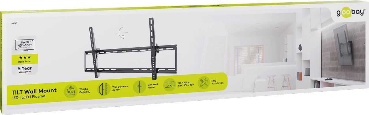 TV-Wandhalterung Basic TILT (XL) - für Fernseher von 43" bis 100" (109-254 cm), neigbar bis 75kg TV-Wandhalterung Basic TILT (XL) - für Fernseher von 43" bis 100" (109-254 cm), neigbar bis 75kg