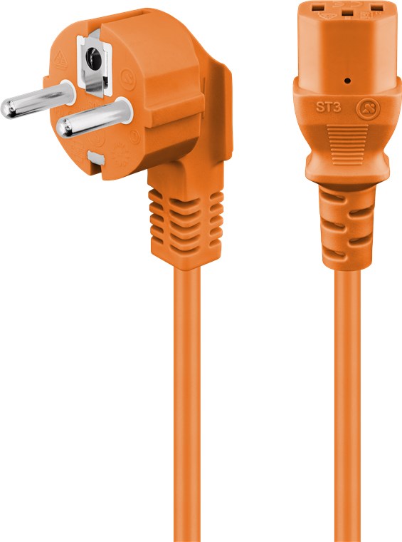 Abgewinkeltes Kaltgeräte-Anschlusskabel, 3 m, Orange Abgewinkeltes Kaltgeräte-Anschlusskabel, 5 m, Orange - Kabellänge 5 m - Schutzkontaktstecker (Typ F, CEE 7/7) > Gerätebuchse C13 (Kaltgeräteanschluss)