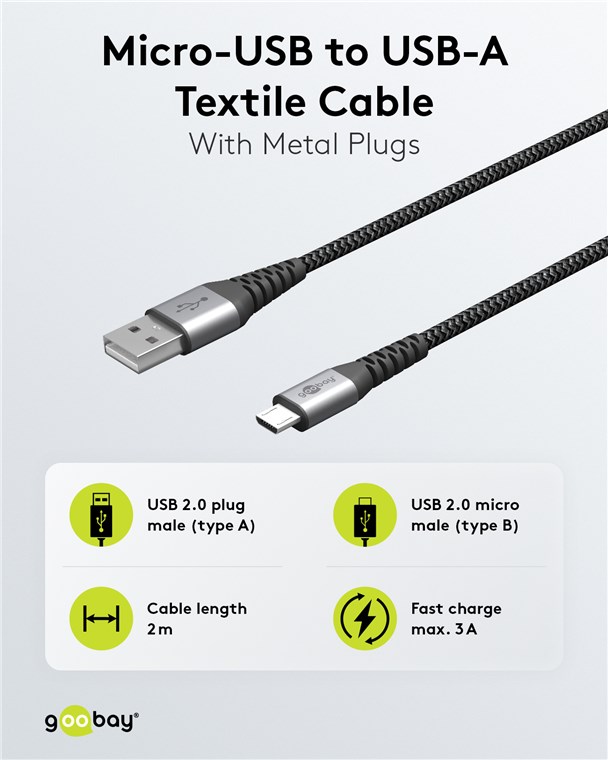 Micro-USB auf USB-A Textilkabel mit Metallsteckern (spacegrau/silber) 2 m - Kabellänge 2 m - elegantes und extra-robustes Verbindungskabel für Geräte mit Micro-USB-Anschluss